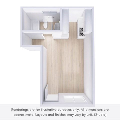 A rendering of a small, modern bathroom with a toilet, sink, and cabinetry.